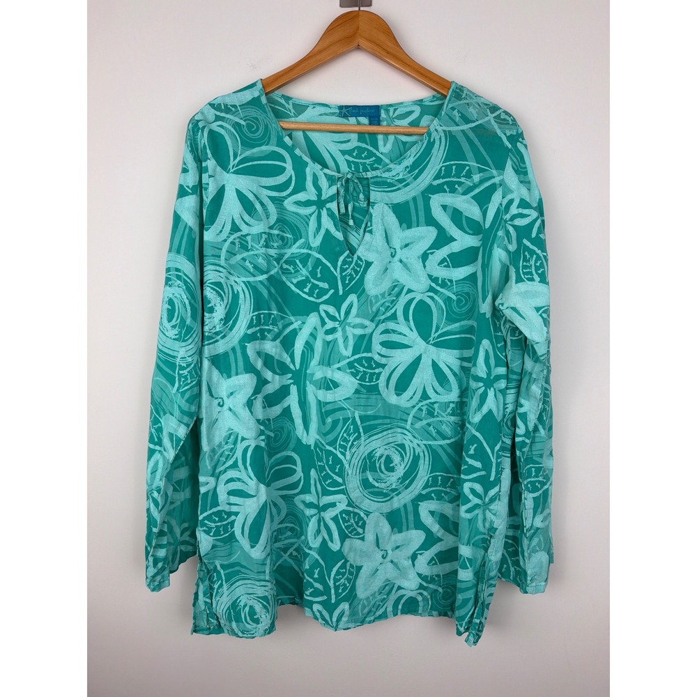 Fresh Produce Tunic Top XL/XXL Teal Floral Cotton Coastal Boho Beach